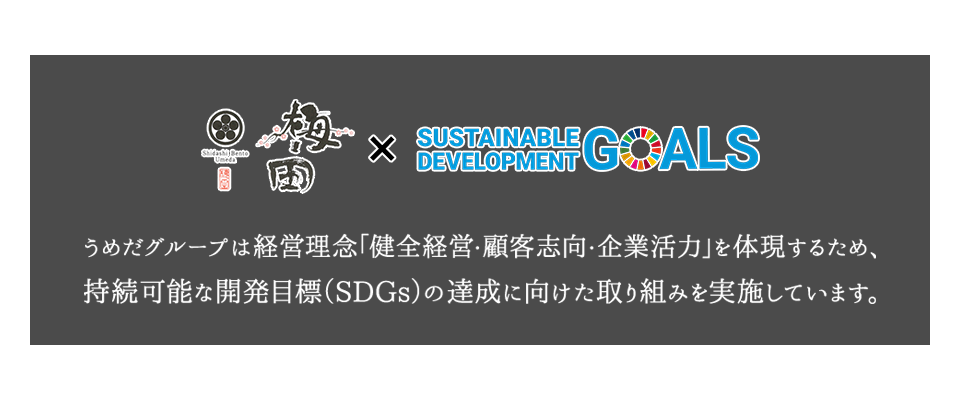 うめだグループは経営理念「健全経営・顧客志向・企業活力」を体現するため、持続可能な開発目標（SDGs）の達成に向けた取り組みを実施しています。